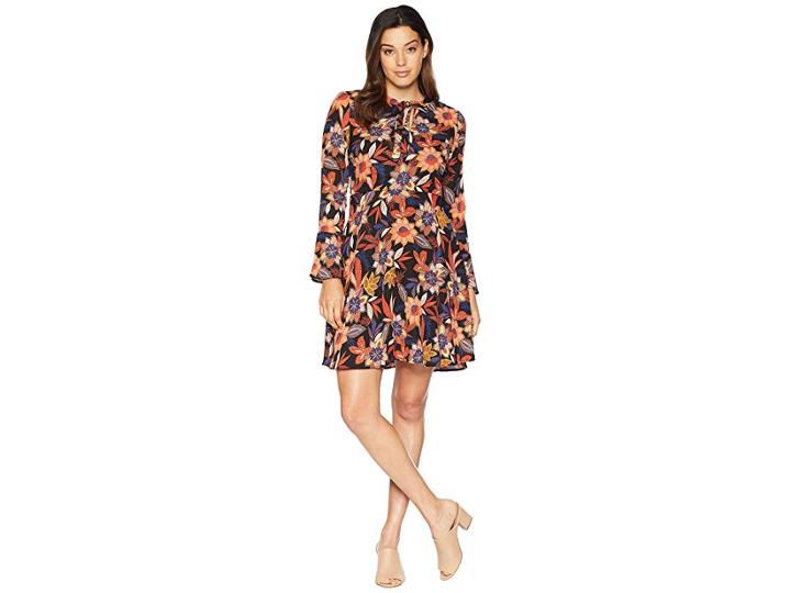 Eci Tie Neck Long Sleeve Printed Floral Chiffon Fit And Flare Dress (orange/blue) Women's Dress
