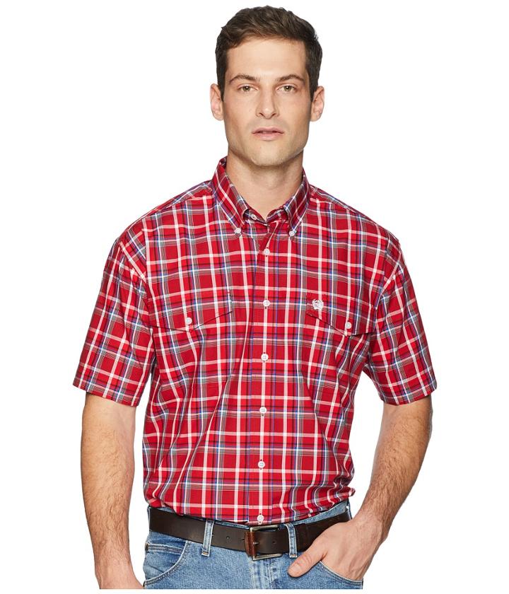 Cinch Short Sleeve Plain Weave Plaid Double Pocket (red) Men's Clothing