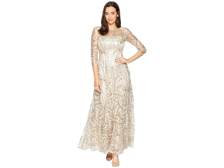 Tahari By Asl Novelty Sequin Sleeved Gown (champagne) Women's Dress