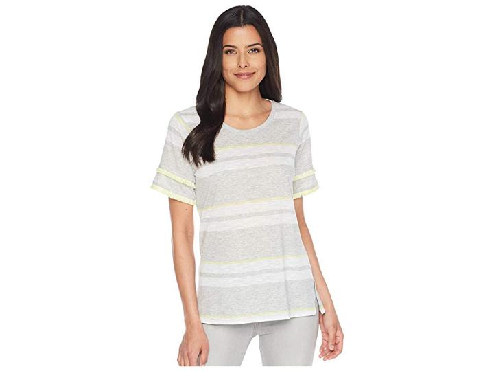 Two By Vince Camuto Tiered Fringe Short Sleeve Stadium Stripe Top (grey Heather) Women's Short Sleeve Pullover