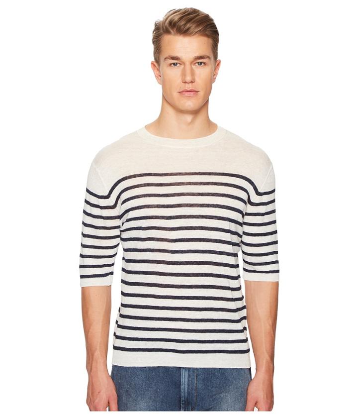 Eleventy Striped Linen Crew Neck T-shirt (white/navy) Men's T Shirt