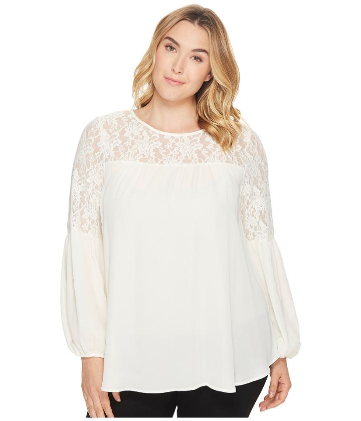 London Times Plus Size Georgette Lace Lantern Sleeve (cream) Women's Blouse