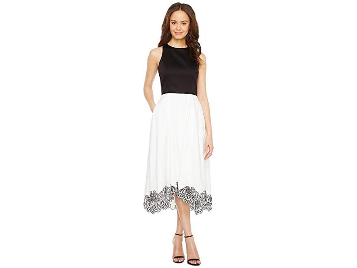 Tahari By Asl Tea Length Color Block Dress (ivory White/black) Women's Dress
