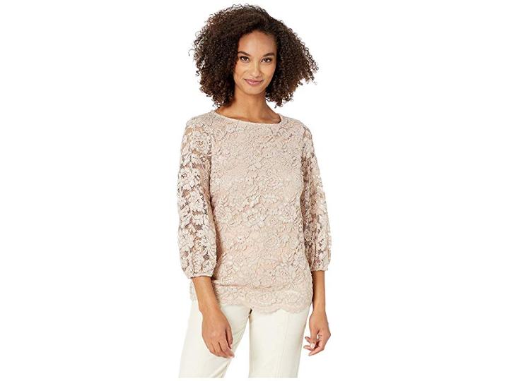 Eci Bell Sleeve Floral Lace Shine Top (blush) Women's Clothing