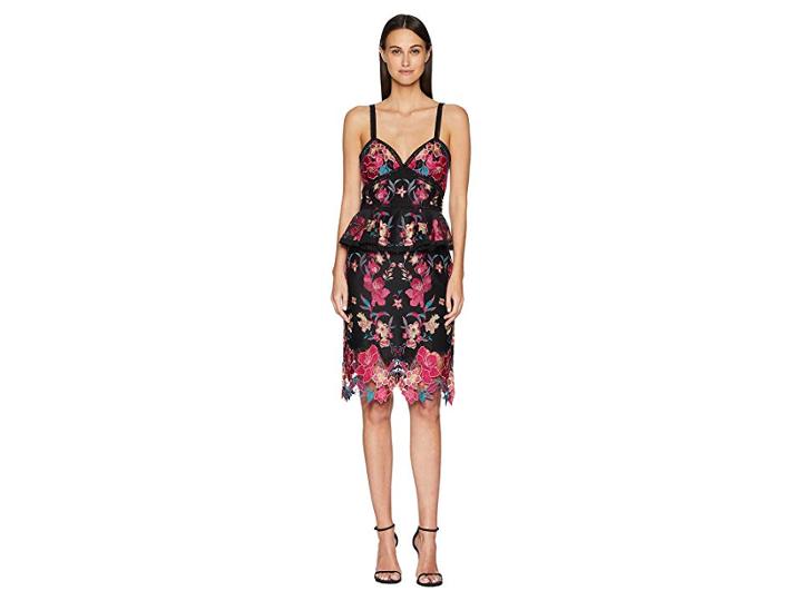 Marchesa Sleeveless Embroidered Laser Cut Neoprene Cocktail With Peplum And Trims (black) Women's Dress