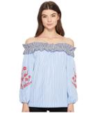 Romeo & Juliet Couture Off The Shoulder Multi Stripe And Embroidered Sleeve Top (blue/white) Women's Clothing