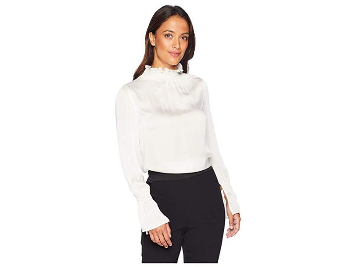 Vince Camuto Specialty Size Petite Flare Tie Cuff Long Sleeve Yoryu Satin Smock Neck Blouse (antique White) Women's Blouse