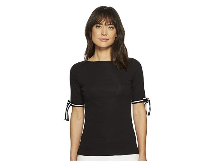 Lauren Ralph Lauren Tie-sleeve Cotton Top (polo Black) Women's Clothing