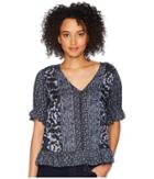 Lucky Brand Batik Border Print Top (black Multi) Women's Clothing