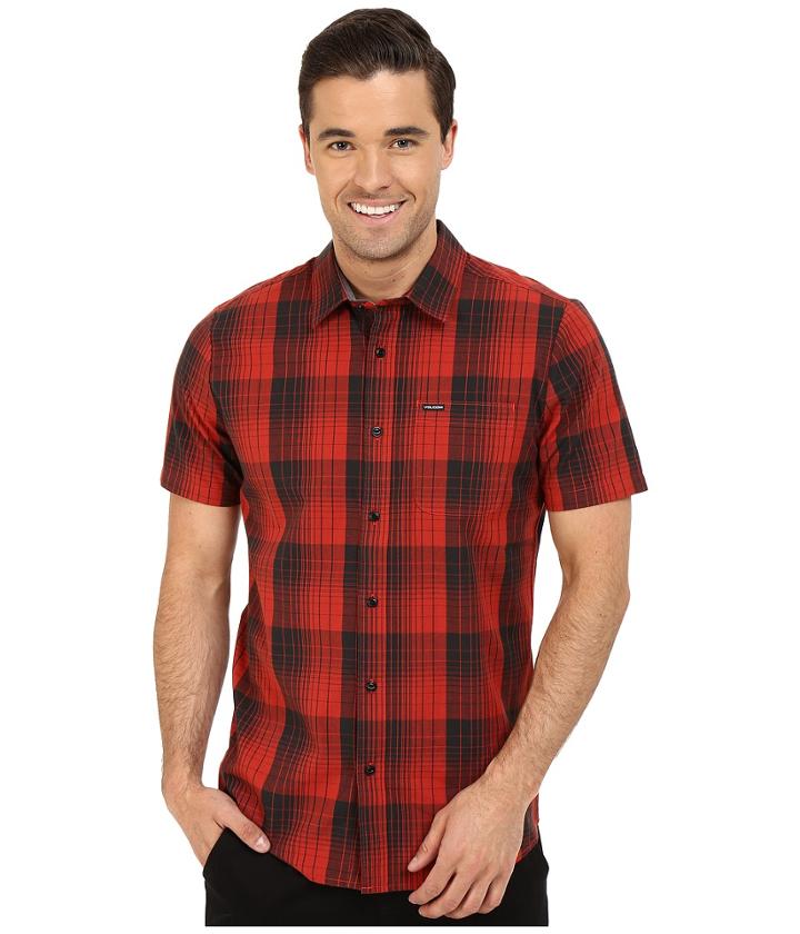 Volcom Icarus Plaid Short Sleeve Woven (orange Red) Men's Short Sleeve Button Up