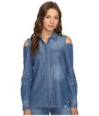 7 For All Mankind Long Sleeve Cold Shoulder Denim Shirt In Authentic Vista Blue (authentic Vista Blue) Women's Clothing
