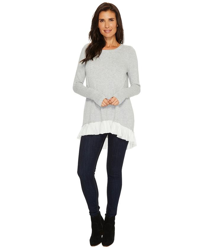 Mod-o-doc So Soft Sweater Knit Long Sleeve Sweater With Pleated Contrast Hem (ash Heather) Women's Sweater