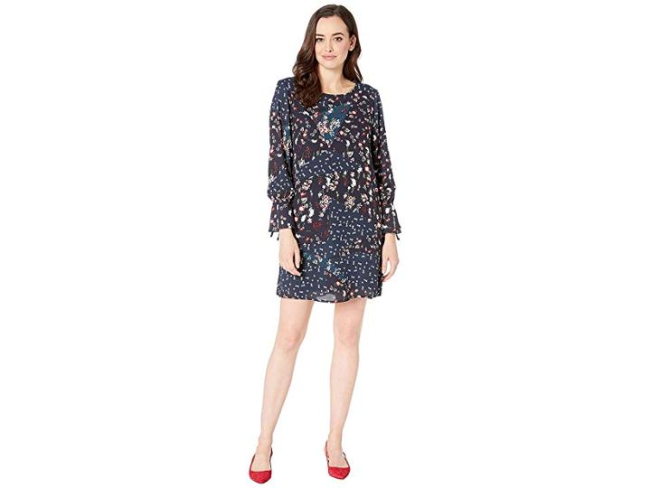 Bobeau Printed Shift Dress With Tie Sleeves (navy Indian Teal) Women's Dress