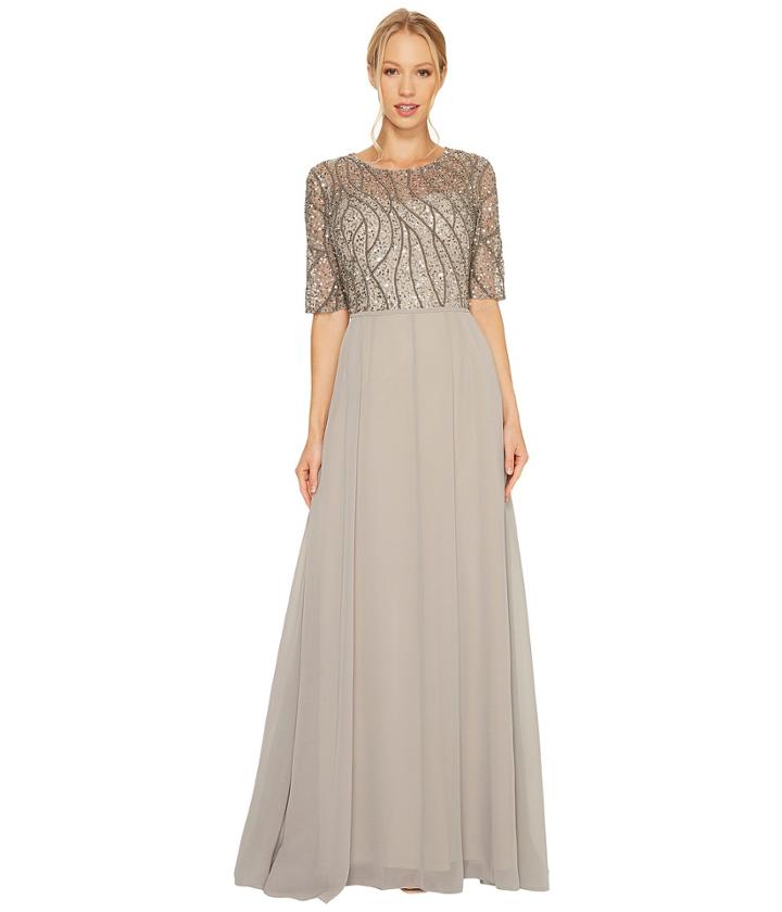 Adrianna Papell Short Sleeve Beaded Bodice Gown (platinum) Women's Dress
