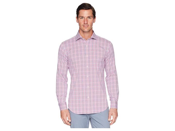 Bugatchi Shaped Fit Long Sleeve Plaid Woven Shirt (berry) Men's Clothing