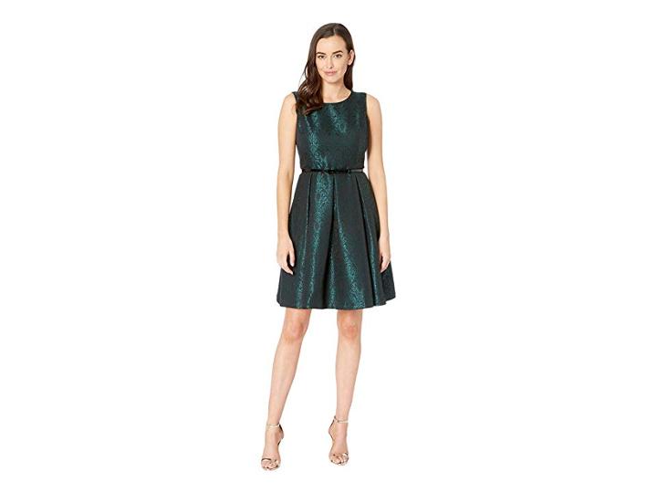 Nine West Jacquard Sleeveless Crew Neck Fit Flare Dress W/ Belt (evergreen/black) Women's Dress