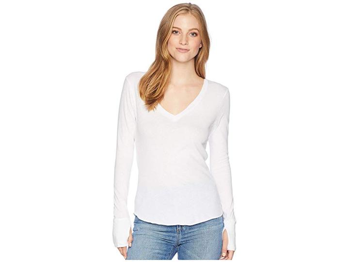 Lna Essential Cotton Long Sleeve V-neck (white) Women's Clothing