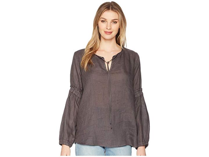 Allen Allen Tie Front Lantern Sleeve Top (flint) Women's Long Sleeve Pullover