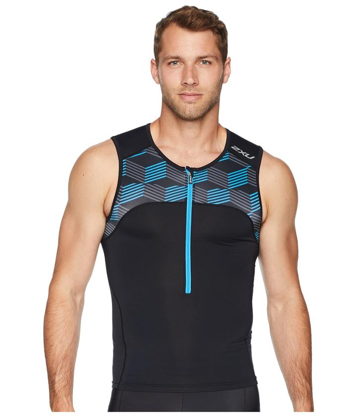 2xu Active Tri Singlet (black/retro Dresden Blue) Men's Clothing