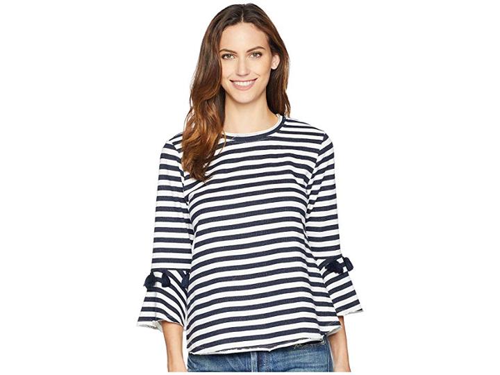B Collection By Bobeau Brielle Striped French Terry Top (navy Stripe) Women's Long Sleeve Pullover
