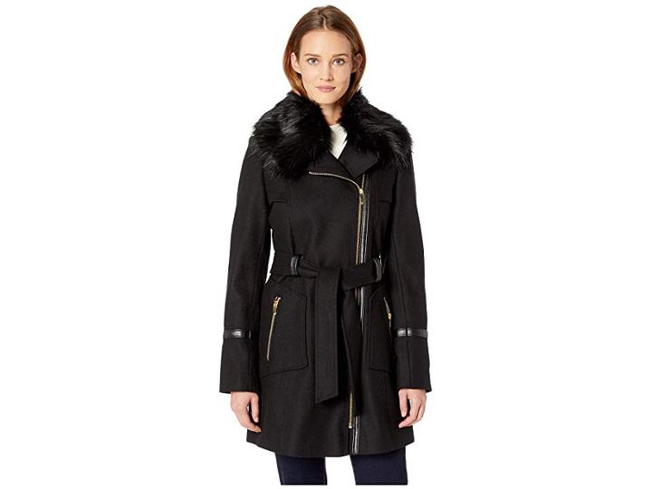 Via Spiga Asymetrical Wool Coat With Faux Fur Collar And Faux Leather Belt (black) Women's Coat