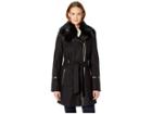 Via Spiga Asymetrical Wool Coat With Faux Fur Collar And Faux Leather Belt (black) Women's Coat