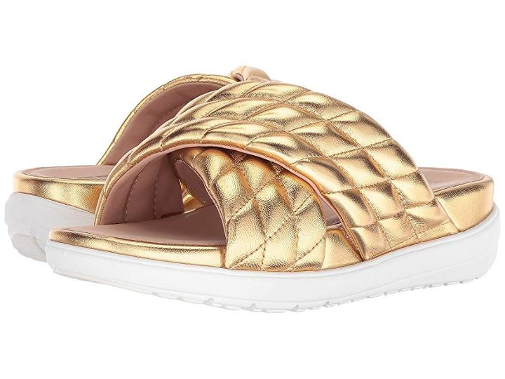 Fitflop Loosh Luxetm Cross Slide Leather Sandals (gold Metallic Leather) Women's  Shoes