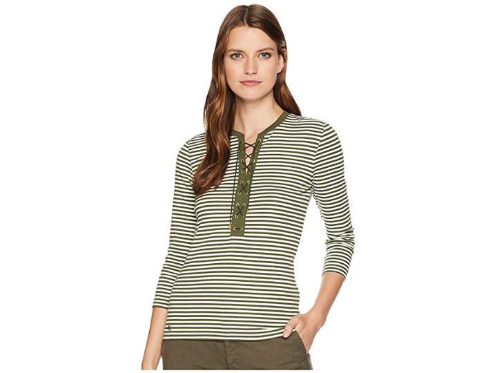 Lauren Ralph Lauren Lace-up Striped Cotton Top (admiral Green/mascarpone Cream) Women's Clothing