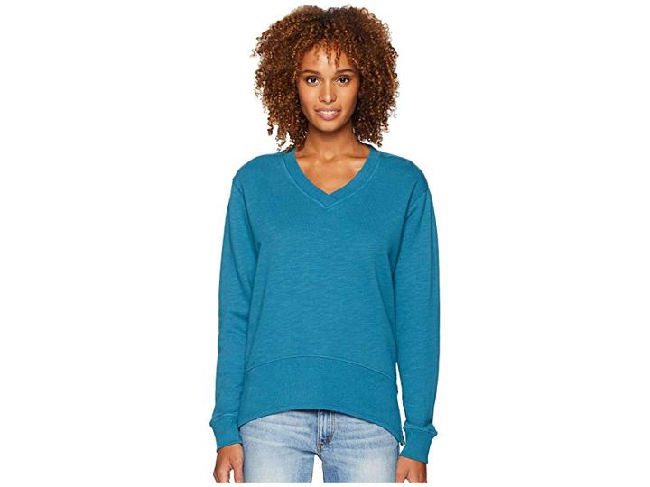 Mod-o-doc Slub French Terry Long Sleeve V-neck Pullover With Side Slit (dark Turquoise) Women's Clothing