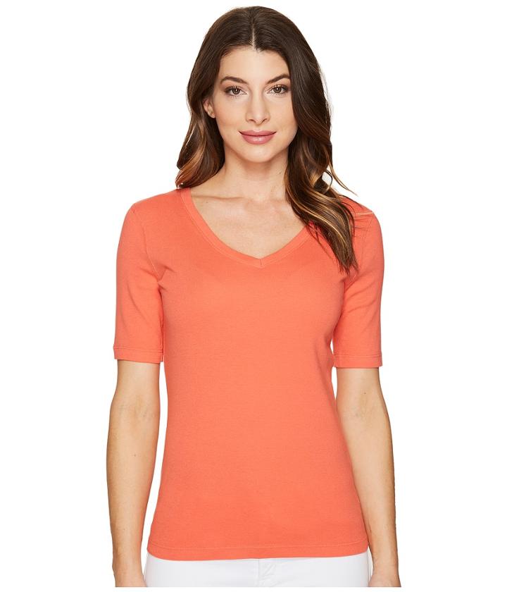 Three Dots 9 Sleeve V-neck (coral Sunset) Women's Short Sleeve Pullover