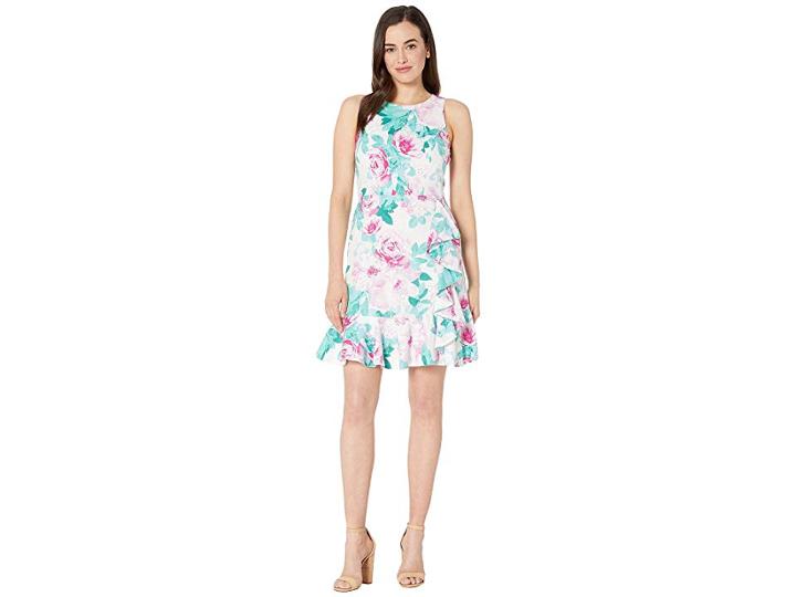 Nine West Printed Cotton Eyelet Sleeveless Floral Ruffle Hem Dress (ivory/pink Multi) Women's Dress