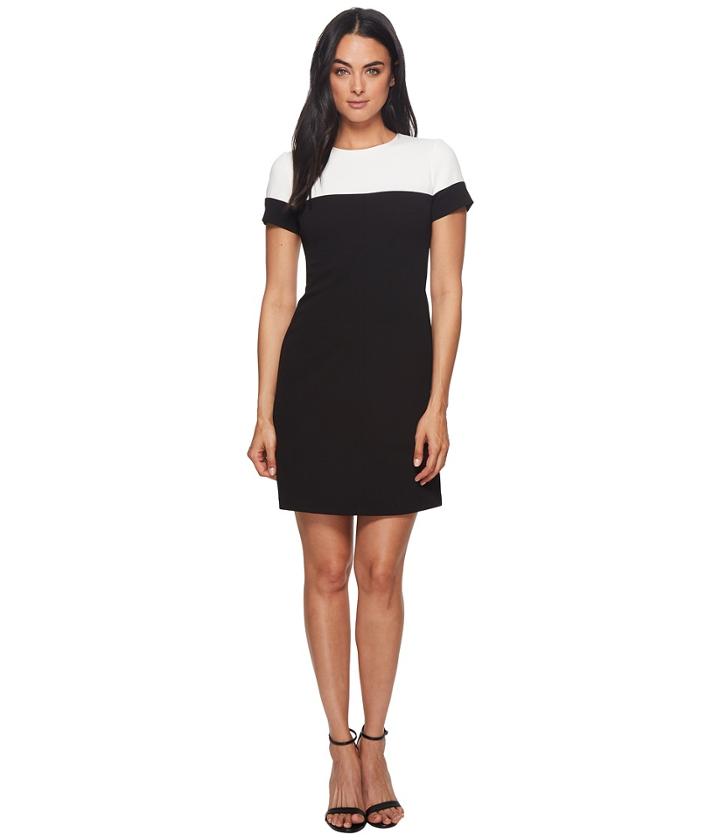 Adrianna Papell Knit Crepe Color Blocked A-line Dress (black/ivory) Women's Dress
