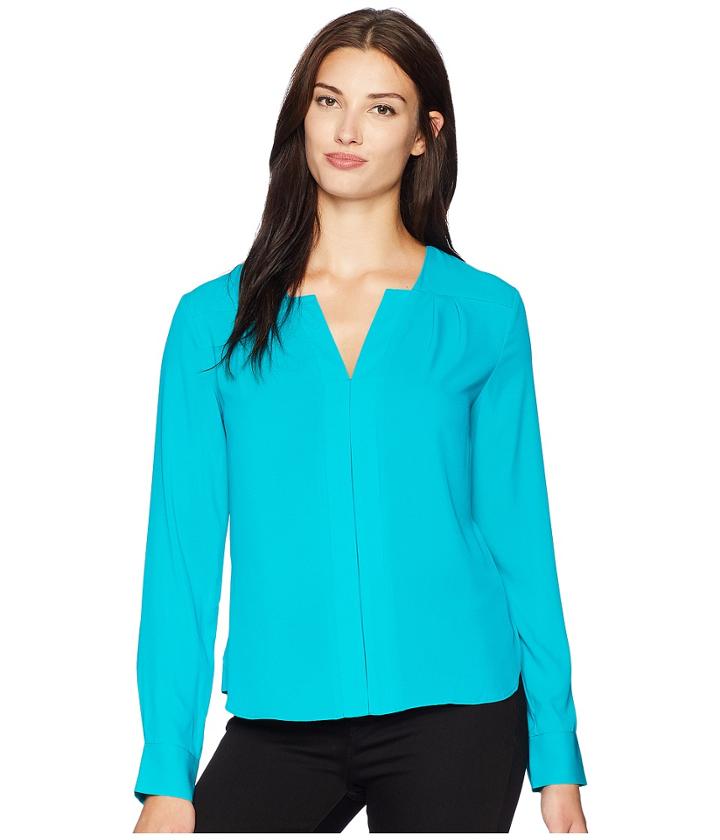 Calvin Klein Long Sleeve Woven Pullover Top (lagoon) Women's Clothing