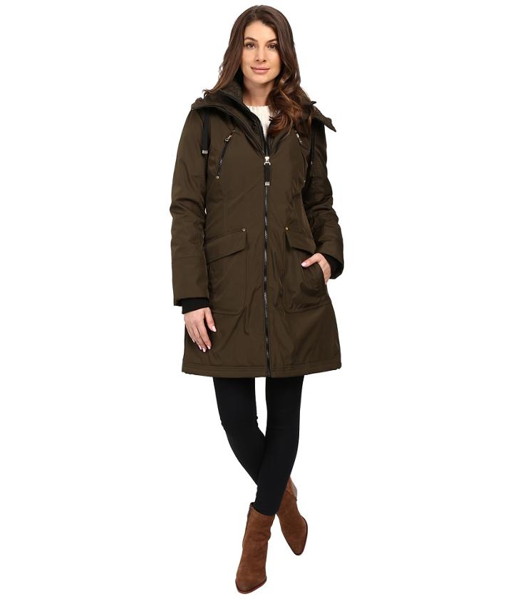 Jessica Simpson Quilted Fill Puffer With Hood And Fleece Bib (loden) Women's Coat