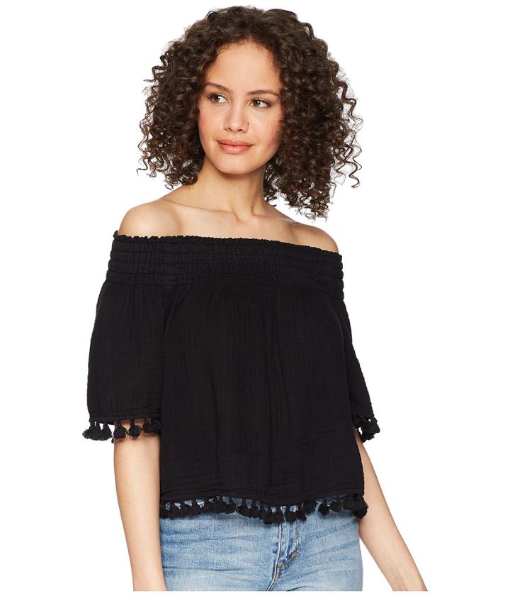 Michael Stars Double Gauze Short Sleeve Smocked Cropped Top With Tassels (black) Women's Clothing