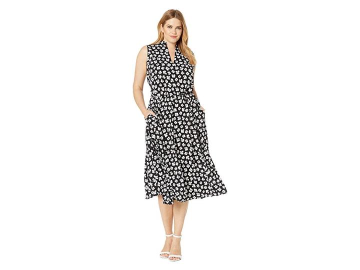 Anne Klein Plus Size Petal Printed Drawstring Midi Dress (anne Black/anne White Combo) Women's Clothing