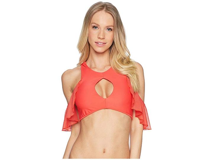 Luli Fama Viva Cuba Bonita High Neck Cut Out Cold Shoulder Ruffle Top (girl On Fire) Women's Swimwear
