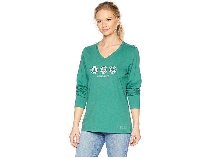 Life Is Good Long Sleeve Holiday Coins Crusher Vee (forest Green) Women's Clothing