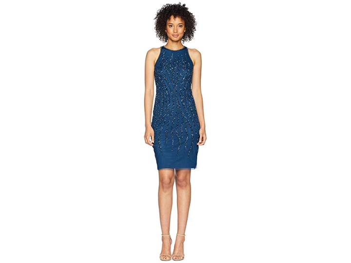 Adrianna Papell Beaded Halter Cocktail Dress (deep Blue) Women's Dress