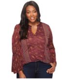 Lucky Brand Plus Size Mix Print Peasant Top (berry Multi) Women's Long Sleeve Pullover