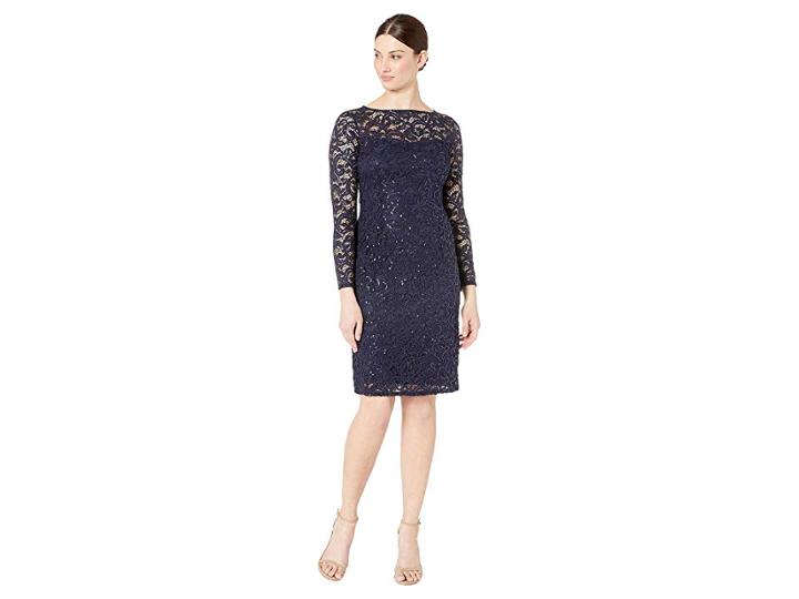 Marina Long Sleeve Sequin Lace Keyhole Back Short Dress (navy) Women's Clothing