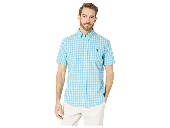 U.s. Polo Assn. Short Sleeve Medium Check Woven Button Down (coast Azure) Men's Clothing