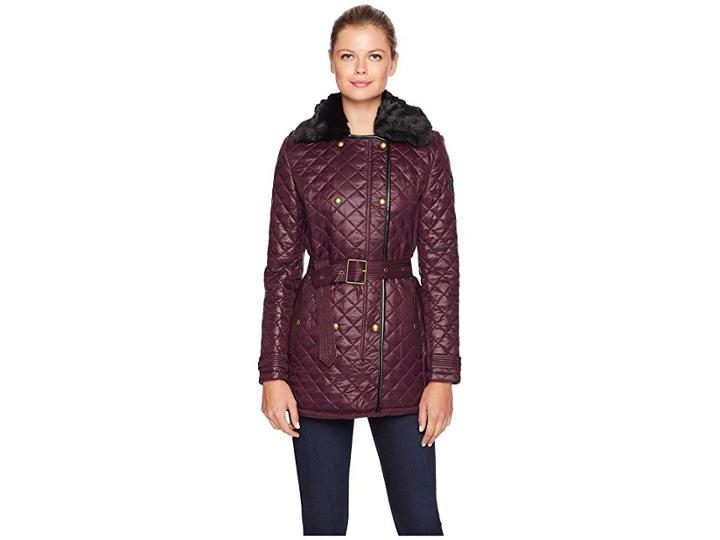 Lauren Ralph Lauren Double Breasted Belted Quilt W/ Faux Fur Collar (burgundy) Women's Coat