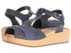 Swedish Hasbeens 90s T-strap Wedge (blue Nubuck Color Combo) Women's Wedge Shoes