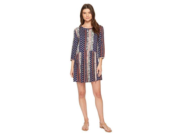 Roper 1385 Border Print Rayon Long Sleeve Dress (blue) Women's Dress