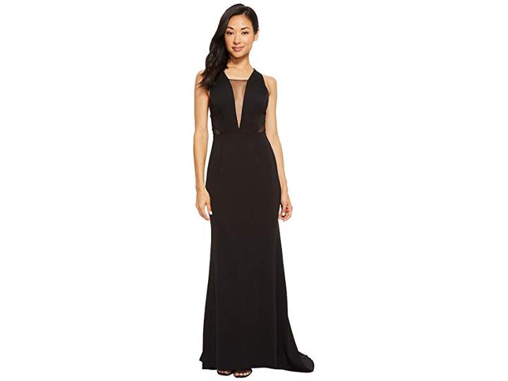 Adrianna Papell Petite Long Jersey Gown With Illusion Mesh Inset Detail (black) Women's Dress
