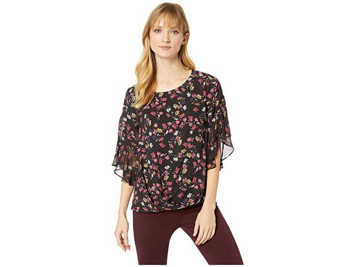 Vince Camuto Etched Ditsy Ruffle Sleeve Fold-over Front Blouse (rich Black) Women's Blouse