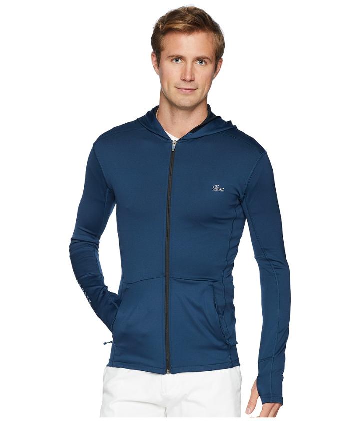 Lacoste Long Sleeve Bicolor Mid Layer Hoodie W/ Contrast Chevron Detail (trade Wind Blue/black) Men's Sweatshirt