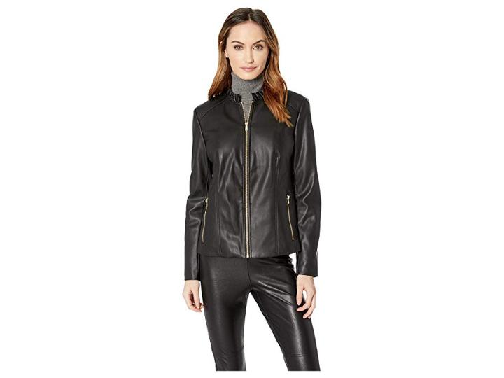 Cole Haan Faux Leather Ruffle Collar Jacket (black) Women's Coat