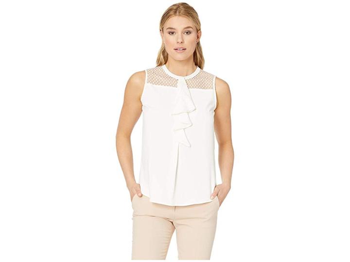 Calvin Klein Sleeveless Lace/ruffle Top (cream) Women's Sleeveless